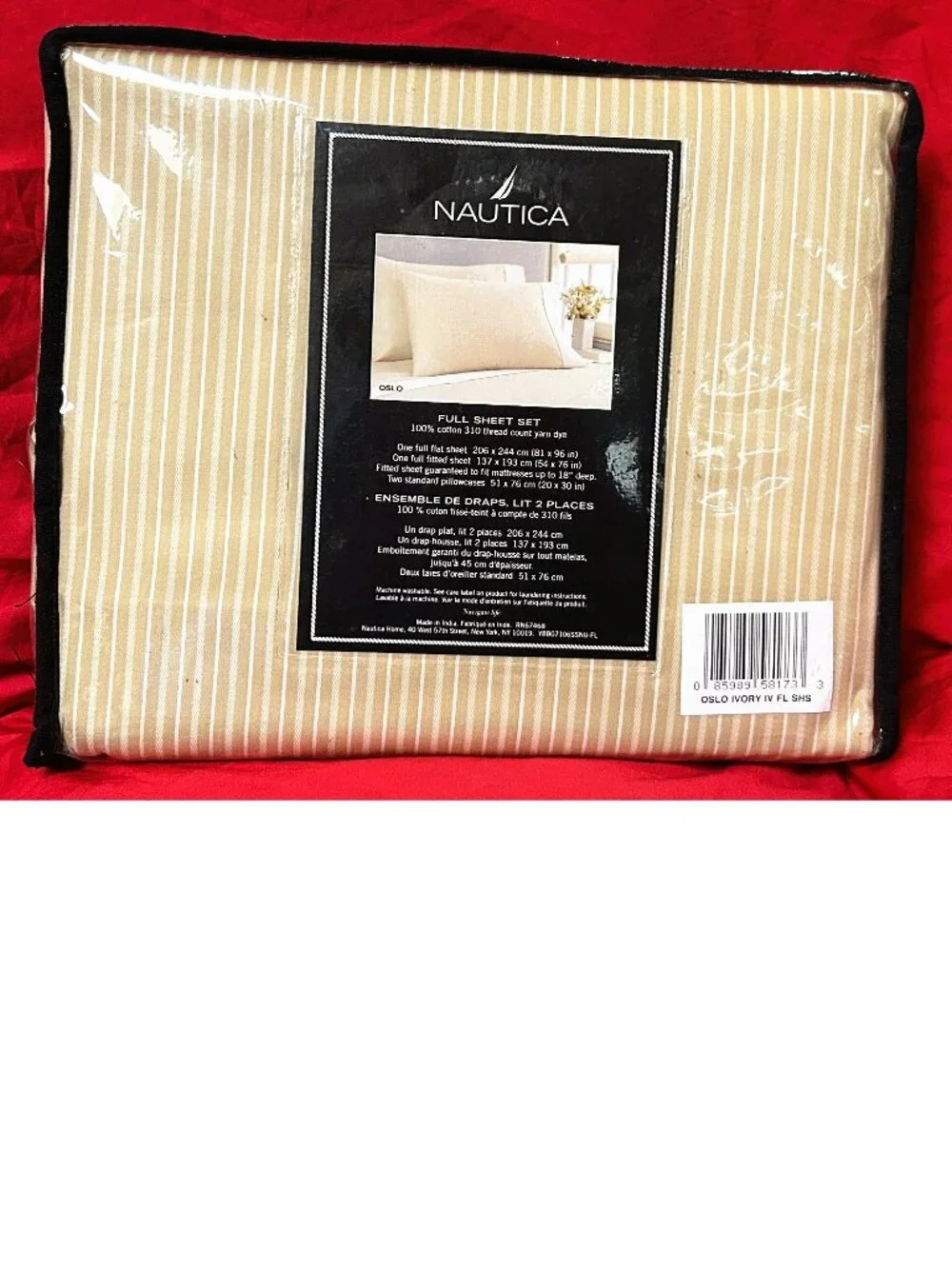 Vintage Full size Deep Fitted Sheet Set~Nautica Oslo Ivory Ecru Tan Stripe~310TC